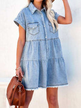 Load image into Gallery viewer, Raw Hem Short Sleeve Denim Dress
