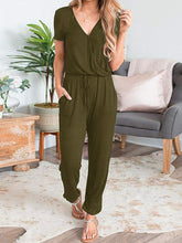 Load image into Gallery viewer, Drawstring Surplice Short Sleeve Jumpsuit
