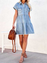 Load image into Gallery viewer, Raw Hem Short Sleeve Denim Dress
